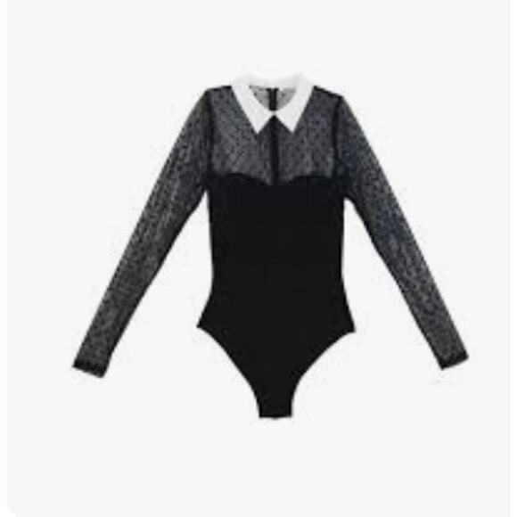 Unique Vintage Black Mesh Bodysuit with White Cuffs and Collar Sz L #61 - Picture 3 of 6